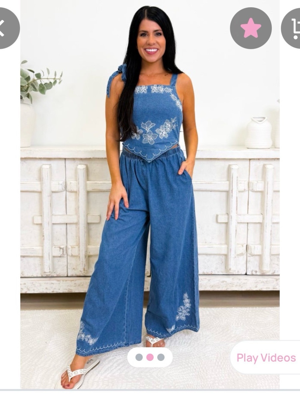Peach Love California Blue Denim Embroidered Wide-Leg Jumpsuit